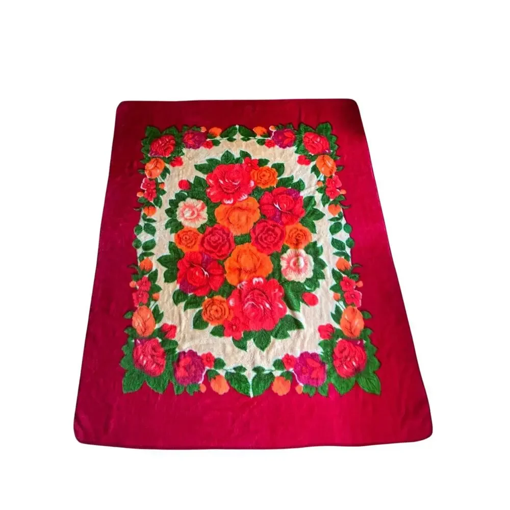 Vintage Wonu Korean mink reversible blanket vibrant red rose floral 73x88”